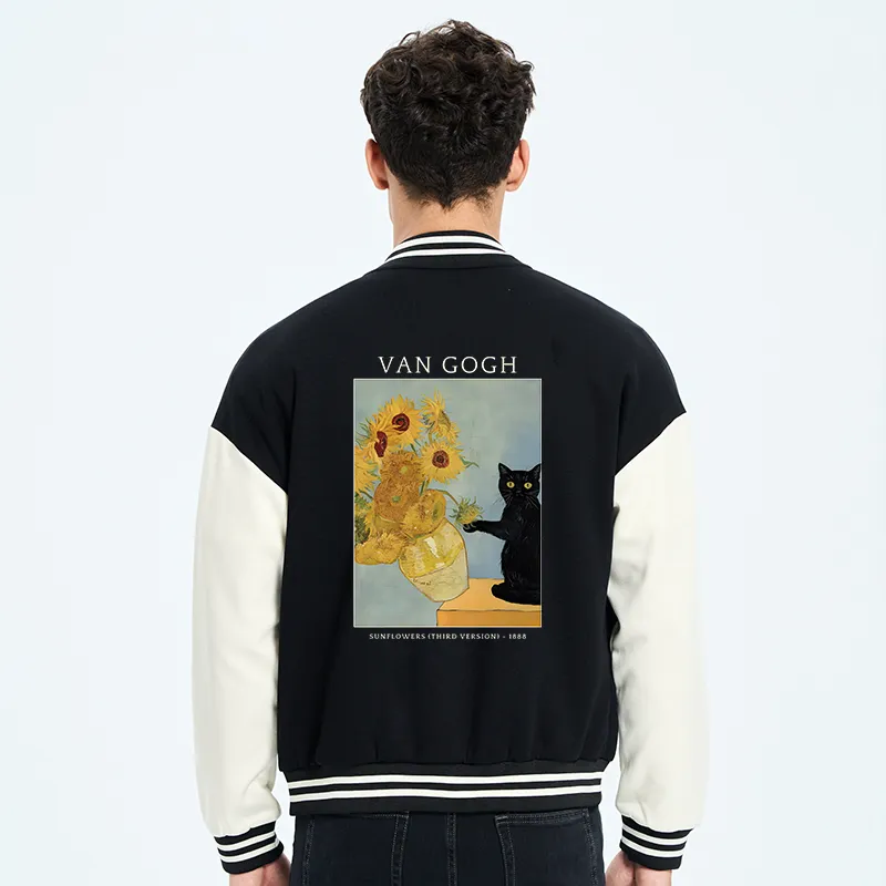 Tokyo-Tiger Black Cat With Sunflowers Embroidery Varsity Jacket