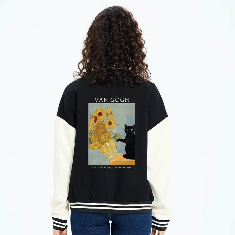 Tokyo-Tiger Black Cat With Sunflowers Embroidery Varsity Jacket