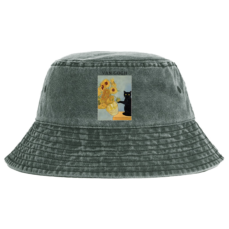 Tokyo-Tiger Black Cat With Sunflowers Washed Bucket Hat