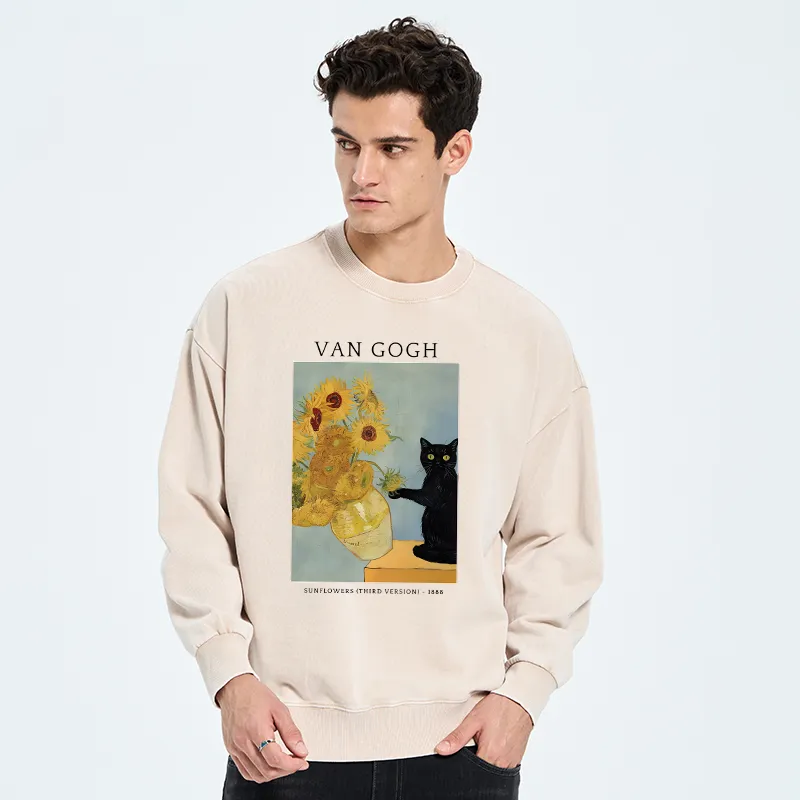 Tokyo-Tiger Black Cat With Sunflowers Washed Sweatshirt