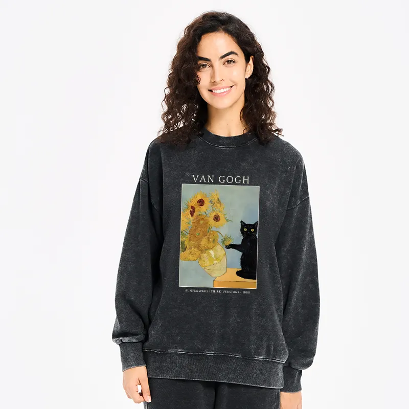 Tokyo-Tiger Black Cat With Sunflowers Washed Sweatshirt