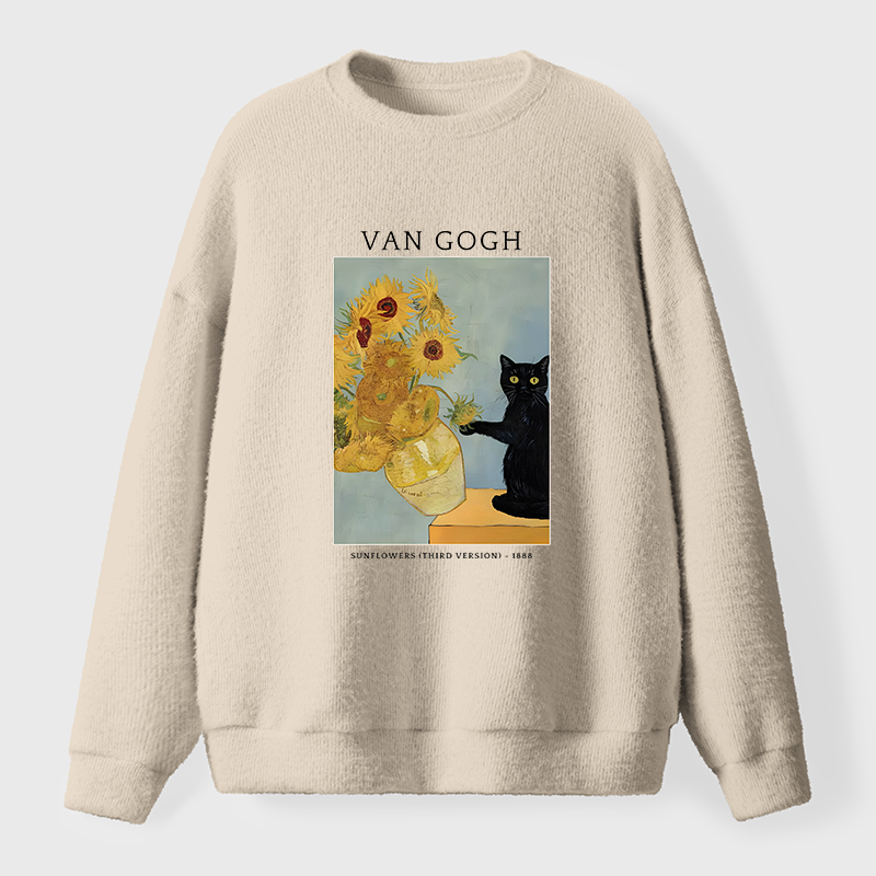 Tokyo-Tiger Black Cat With Sunflowers Fuzzy Sweatshirt
