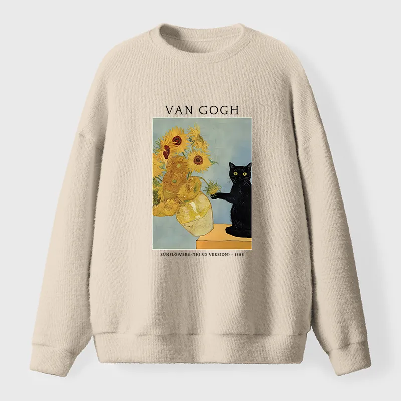 Tokyo-Tiger Black Cat With Sunflowers Fuzzy Sweatshirt