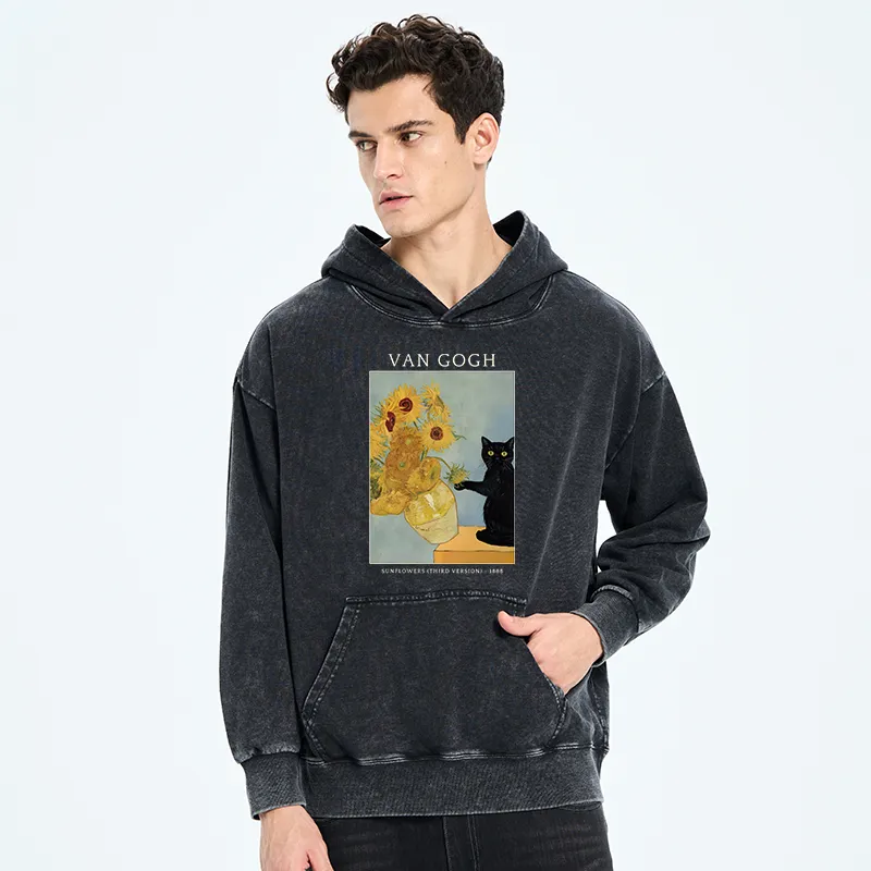 Tokyo-Tiger Black Cat With Sunflowers Washed Hoodie