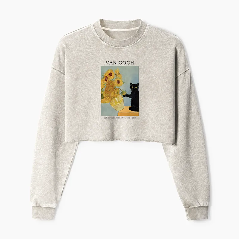 Tokyo-Tiger Black Cat With Sunflowers Washed Crop Sweatshirt