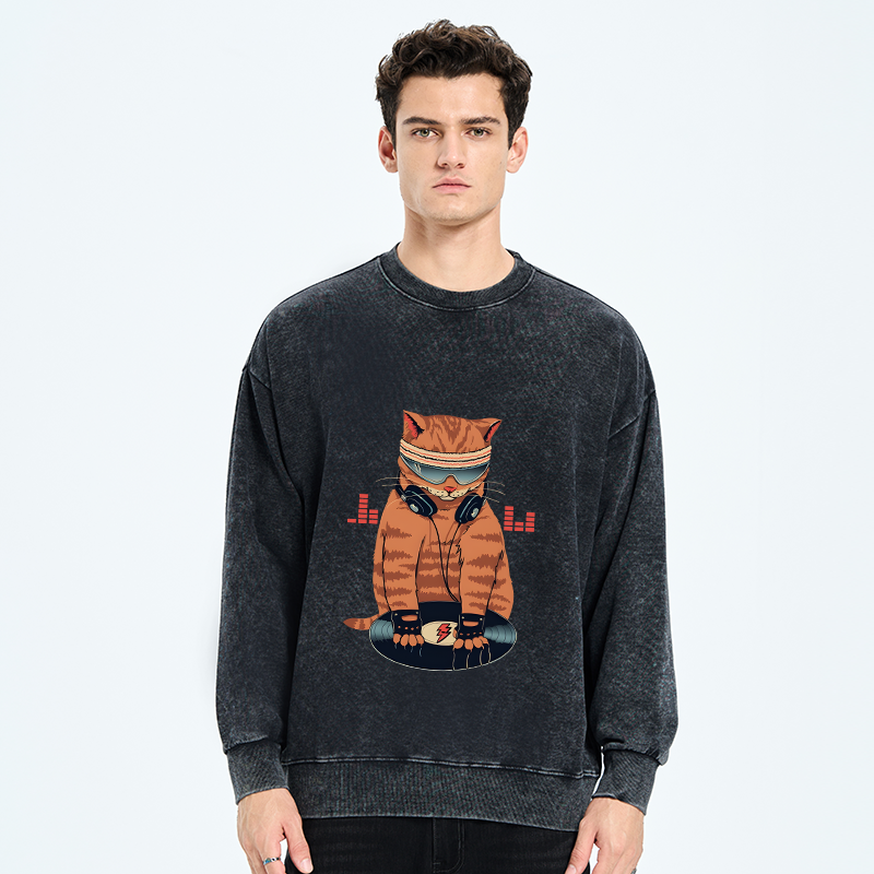 Tokyo-Tiger Funny Cat DJ Washed Sweatshirt