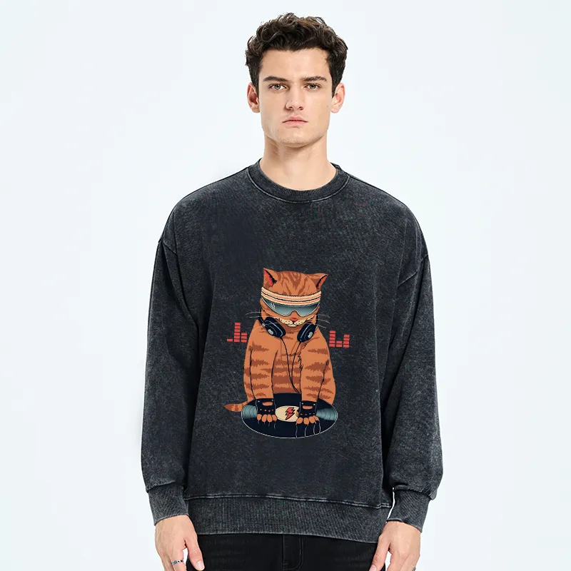 Tokyo-Tiger Funny Cat DJ Washed Sweatshirt