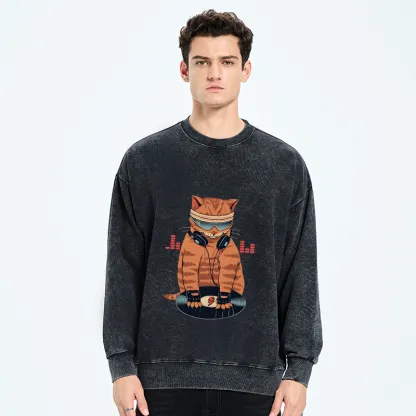 Tokyo-Tiger Funny Cat DJ Washed Sweatshirt