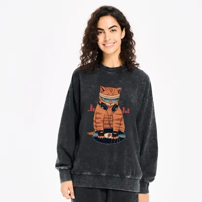 Tokyo-Tiger Funny Cat DJ Washed Sweatshirt