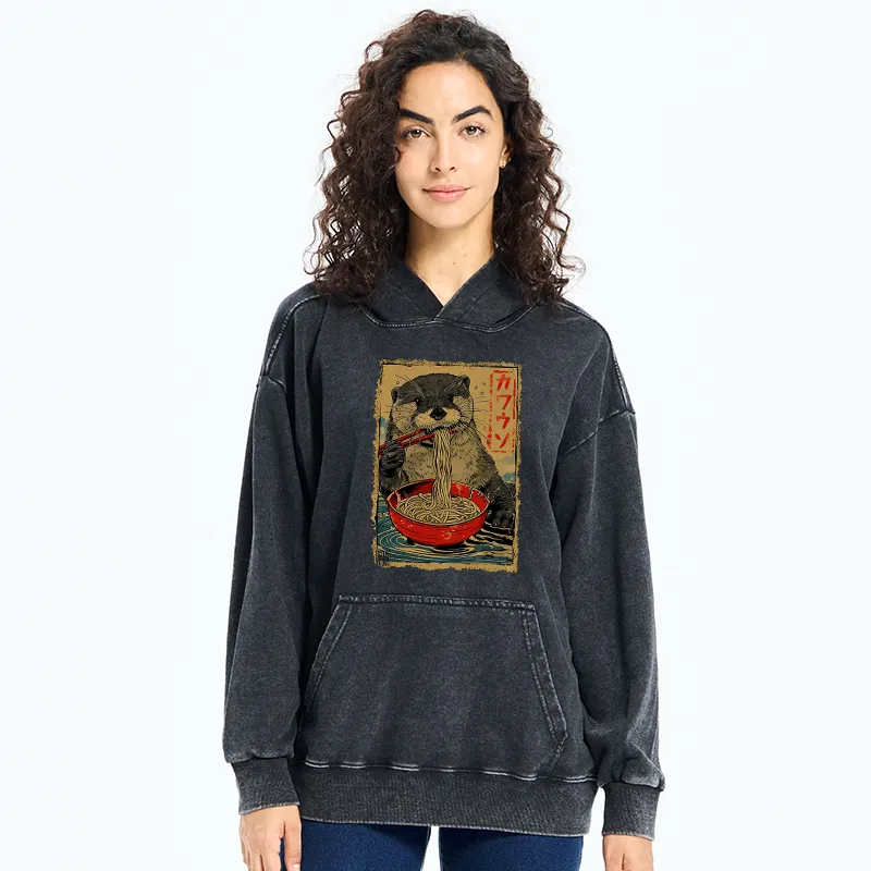 Tokyo-Tiger Otter Eating Ramen Japan Washed Hoodie
