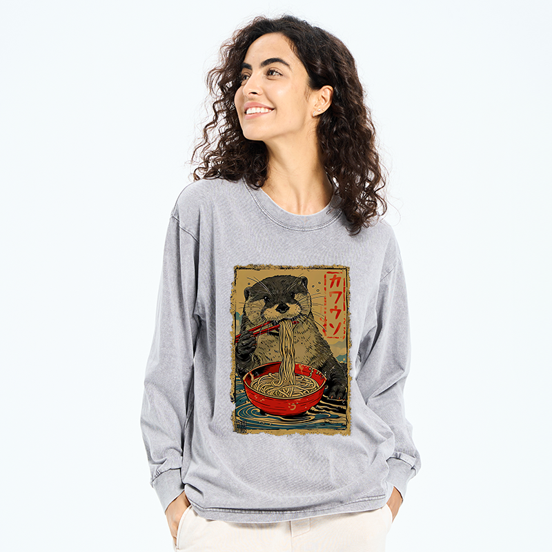 Tokyo-Tiger Otter Eating Ramen Japan Washed Long Sleeve T-Shirt