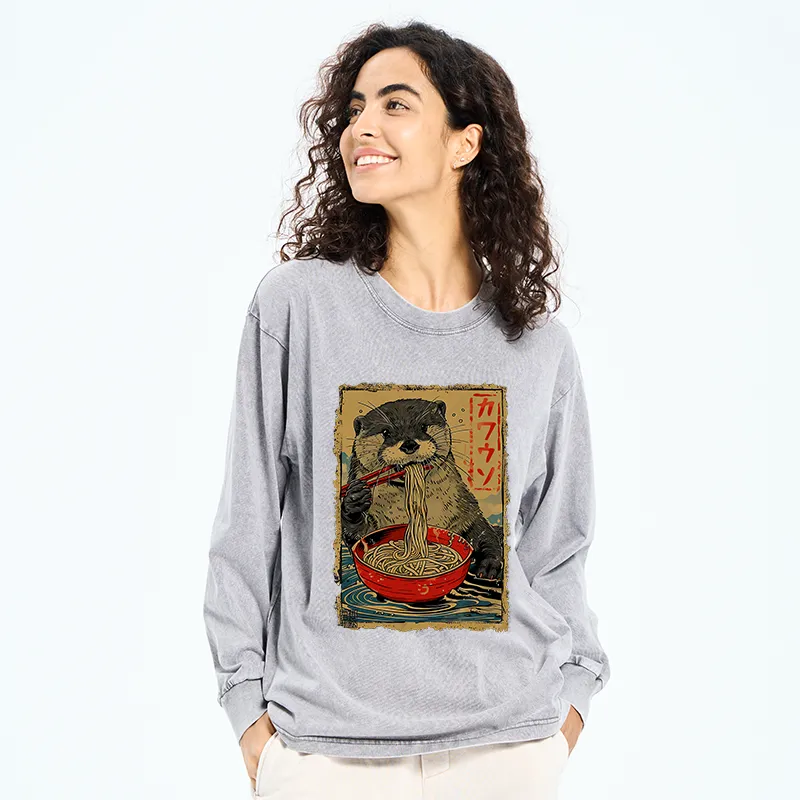 Tokyo-Tiger Otter Eating Ramen Japan Washed Long Sleeve T-Shirt