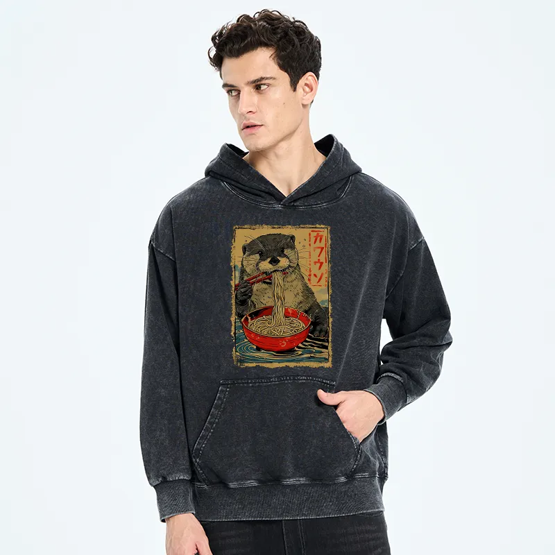 Tokyo-Tiger Otter Eating Ramen Japan Washed Hoodie