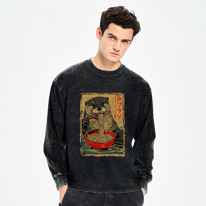 Tokyo-Tiger Otter Eating Ramen Japan Washed Long Sleeve T-Shirt