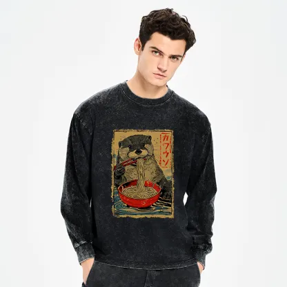 Tokyo-Tiger Otter Eating Ramen Japan Washed Long Sleeve T-Shirt