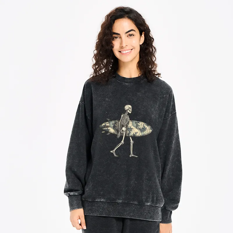 Tokyo-Tiger Skeleton Ready To Go Surfing Washed Sweatshirt