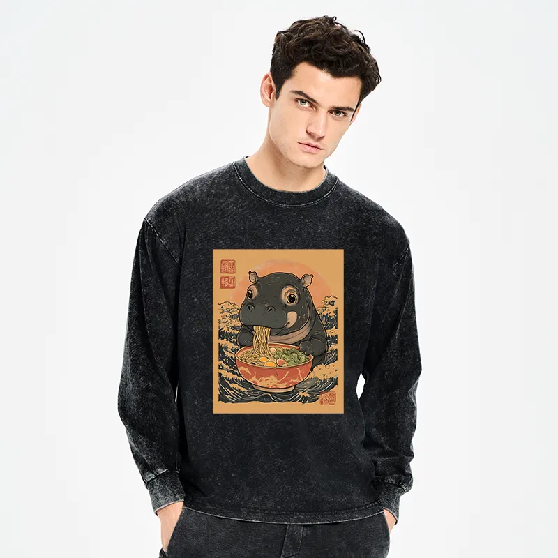 Tokyo-Tiger Moo Deng Eat Ramen Washed Long Sleeve T-Shirt