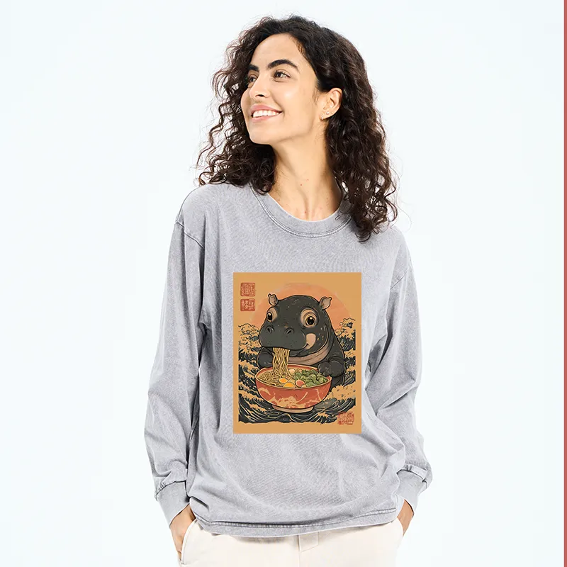 Tokyo-Tiger Moo Deng Eat Ramen Washed Long Sleeve T-Shirt