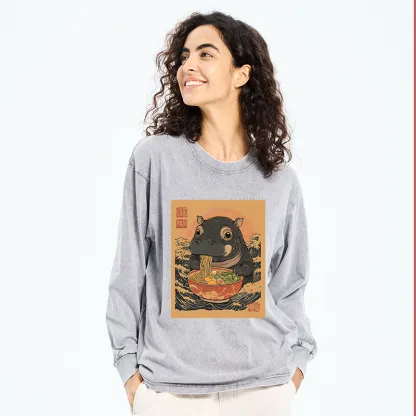 Tokyo-Tiger Moo Deng Eat Ramen Washed Long Sleeve T-Shirt
