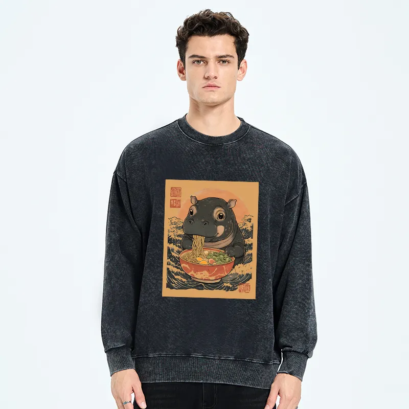Tokyo-Tiger Moo Deng Eat Ramen Washed Sweatshirt