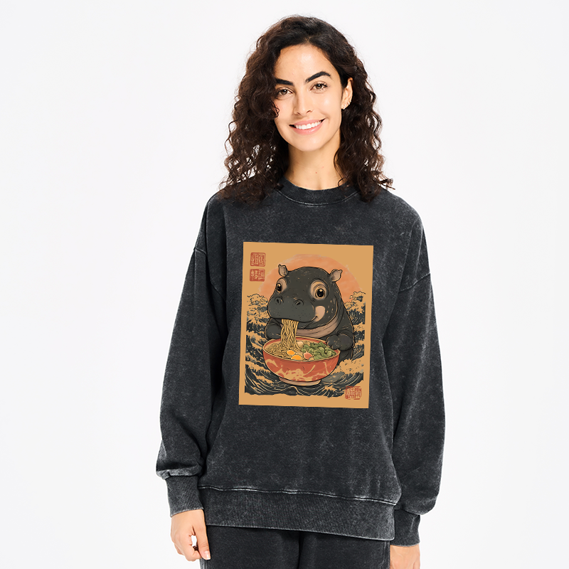 Tokyo-Tiger Moo Deng Eat Ramen Washed Sweatshirt