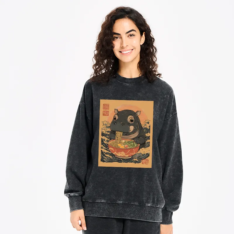 Tokyo-Tiger Moo Deng Eat Ramen Washed Sweatshirt