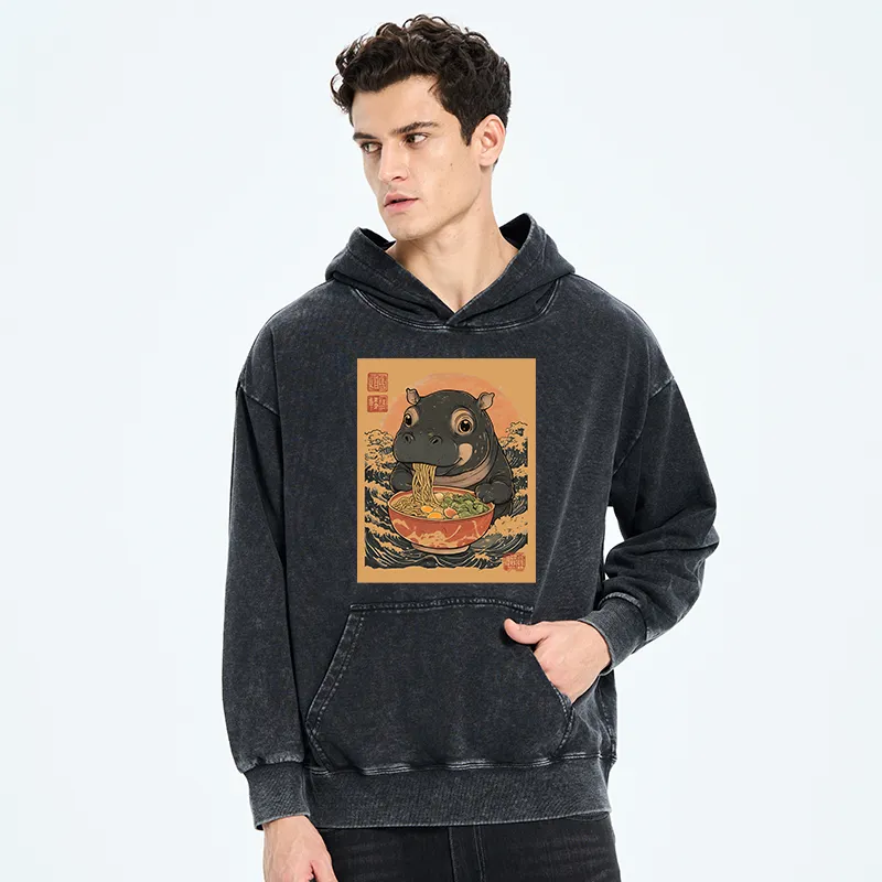 Tokyo-Tiger Moo Deng Eat Ramen Washed Hoodie