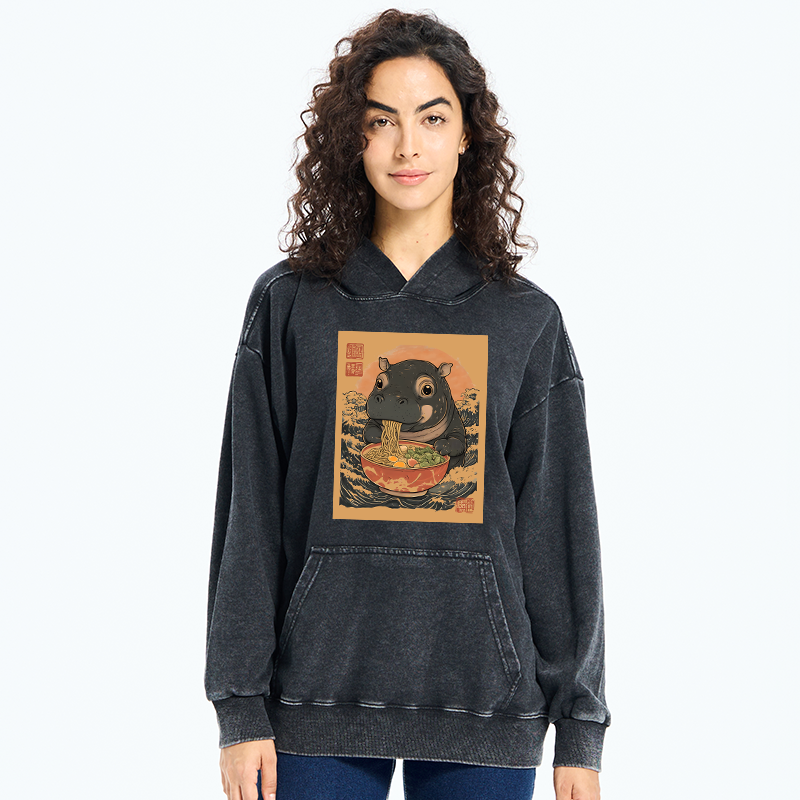 Tokyo-Tiger Moo Deng Eat Ramen Washed Hoodie