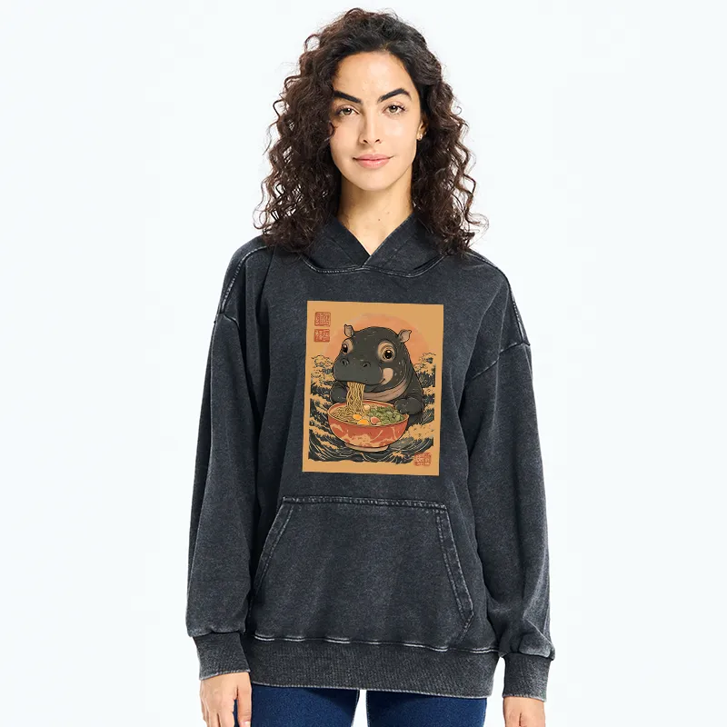 Tokyo-Tiger Moo Deng Eat Ramen Washed Hoodie
