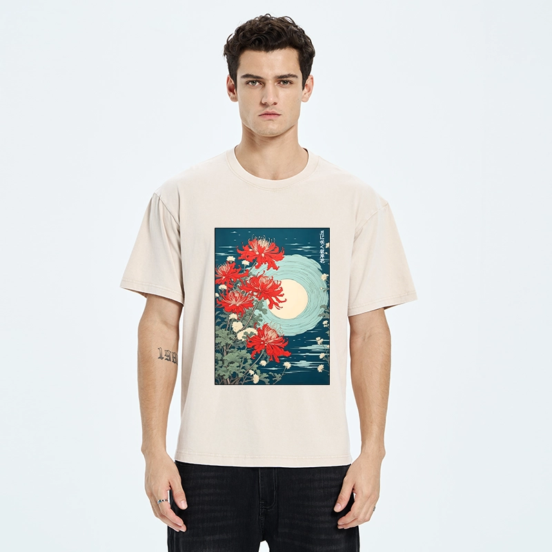 Tokyo‑Tiger Moon Red Spider Lily Washed T‑Shirt