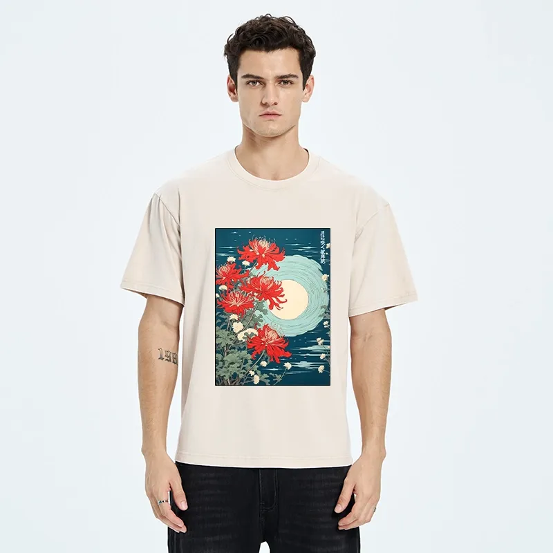 Tokyo‑Tiger Moon Red Spider Lily Washed T‑Shirt