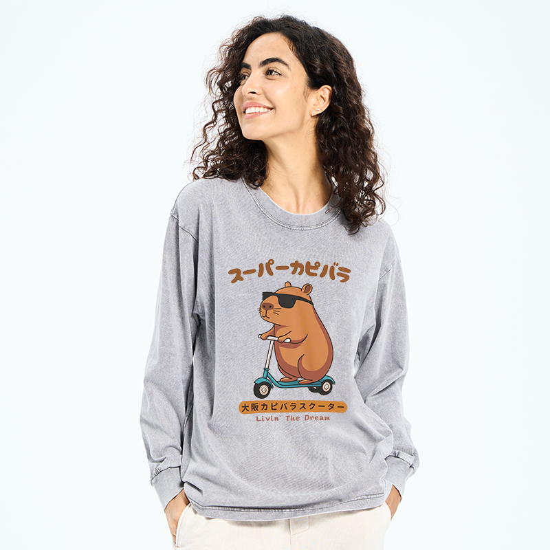 Tokyo-Tiger Osaka Capybara Scooter Washed Long Sleeve T-Shirt