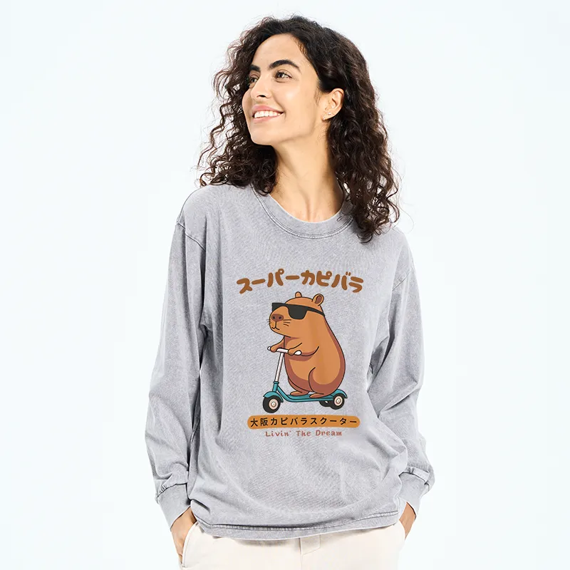 Tokyo-Tiger Osaka Capybara Scooter Washed Long Sleeve T-Shirt