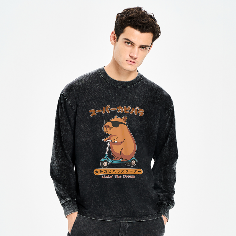 Tokyo-Tiger Osaka Capybara Scooter Washed Long Sleeve T-Shirt