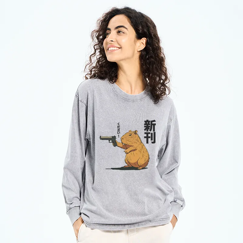 Tokyo-Tiger Capybara Holding A Gun Washed Long Sleeve T-Shirt