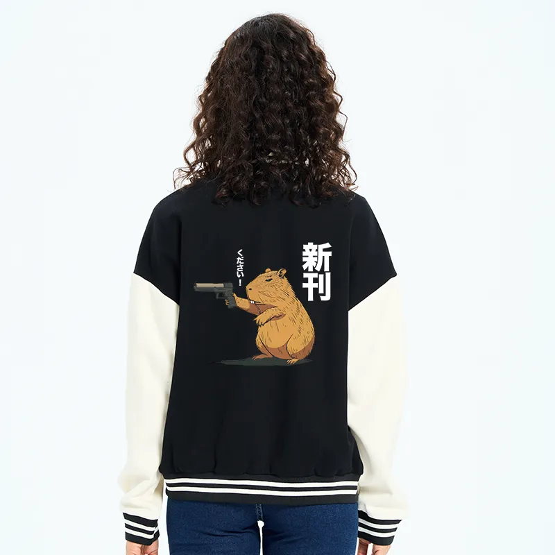 Tokyo-Tiger Capybara Holding A Gun Embroidery Varsity Jacket