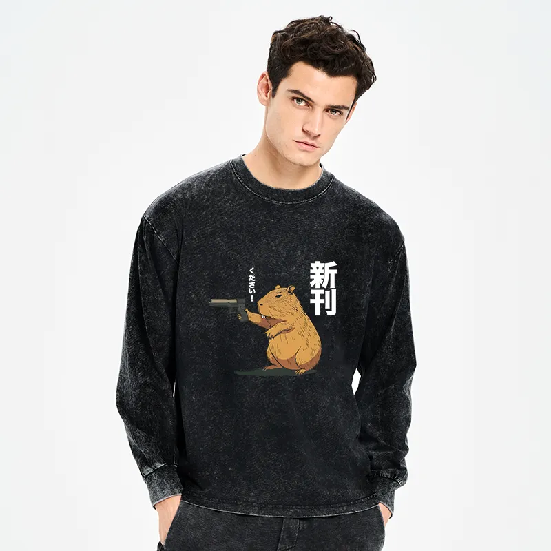 Tokyo-Tiger Capybara Holding A Gun Washed Long Sleeve T-Shirt