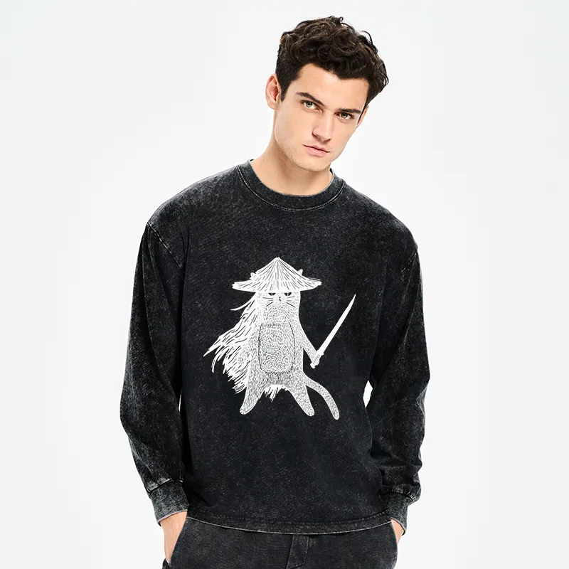 Tokyo-Tiger Japanese Samurai Cat Washed Long Sleeve T-Shirt