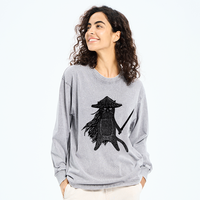 Tokyo-Tiger Japanese Samurai Cat Washed Long Sleeve T-Shirt