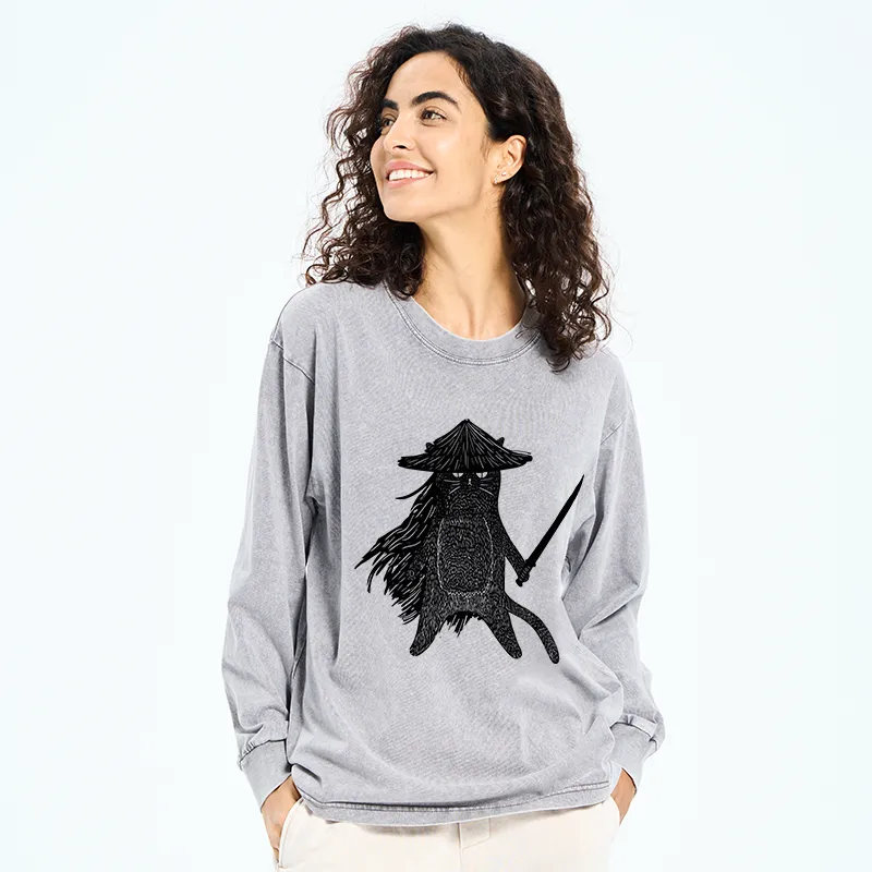 Tokyo-Tiger Japanese Samurai Cat Washed Long Sleeve T-Shirt