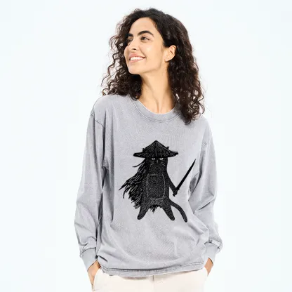 Tokyo-Tiger Japanese Samurai Cat Washed Long Sleeve T-Shirt