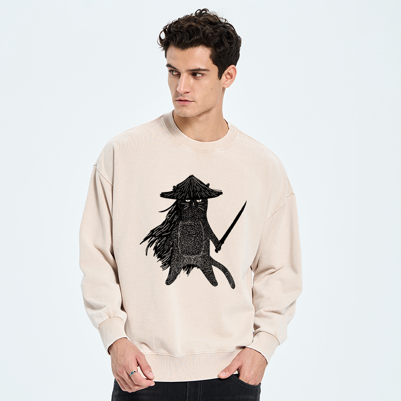 Tokyo-Tiger Japanese Samurai Cat Washed Sweatshirt