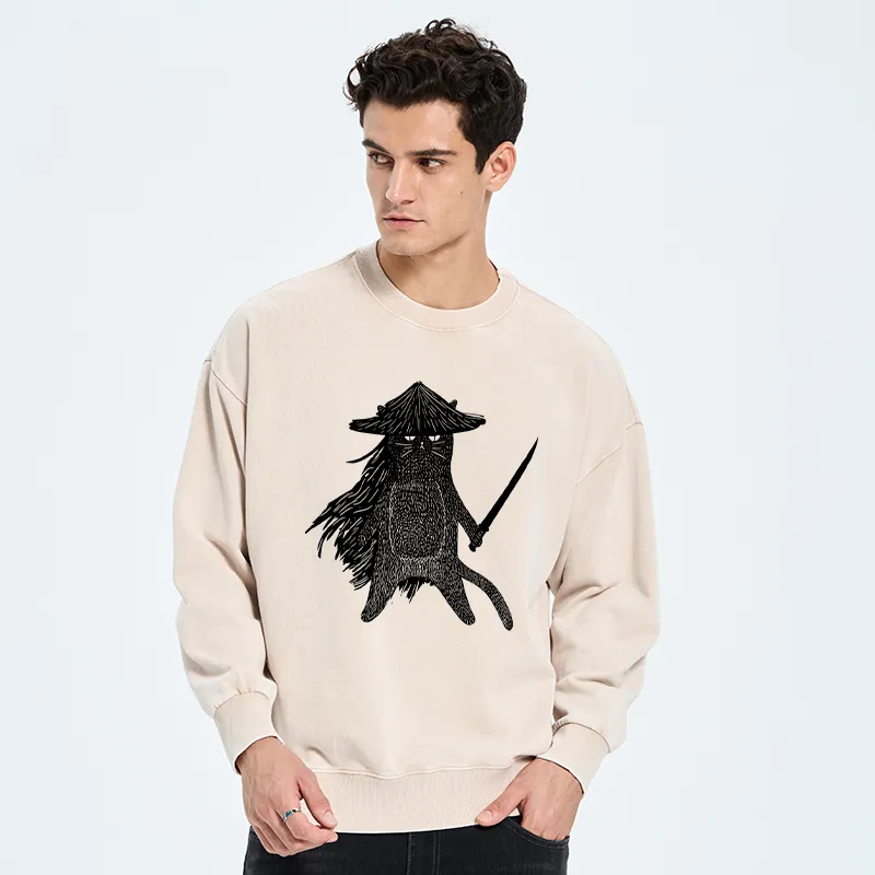 Tokyo-Tiger Japanese Samurai Cat Washed Sweatshirt