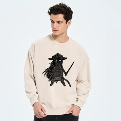 Tokyo-Tiger Japanese Samurai Cat Washed Sweatshirt