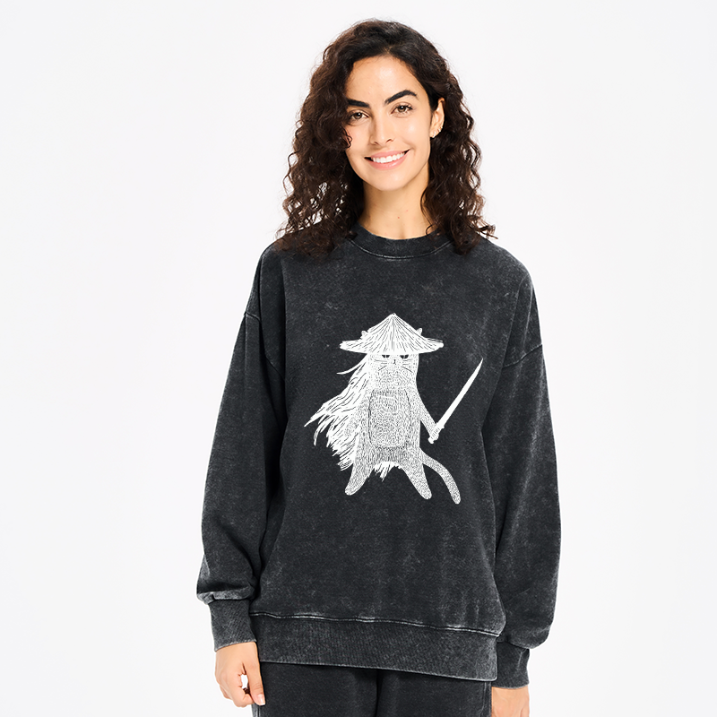 Tokyo-Tiger Japanese Samurai Cat Washed Sweatshirt