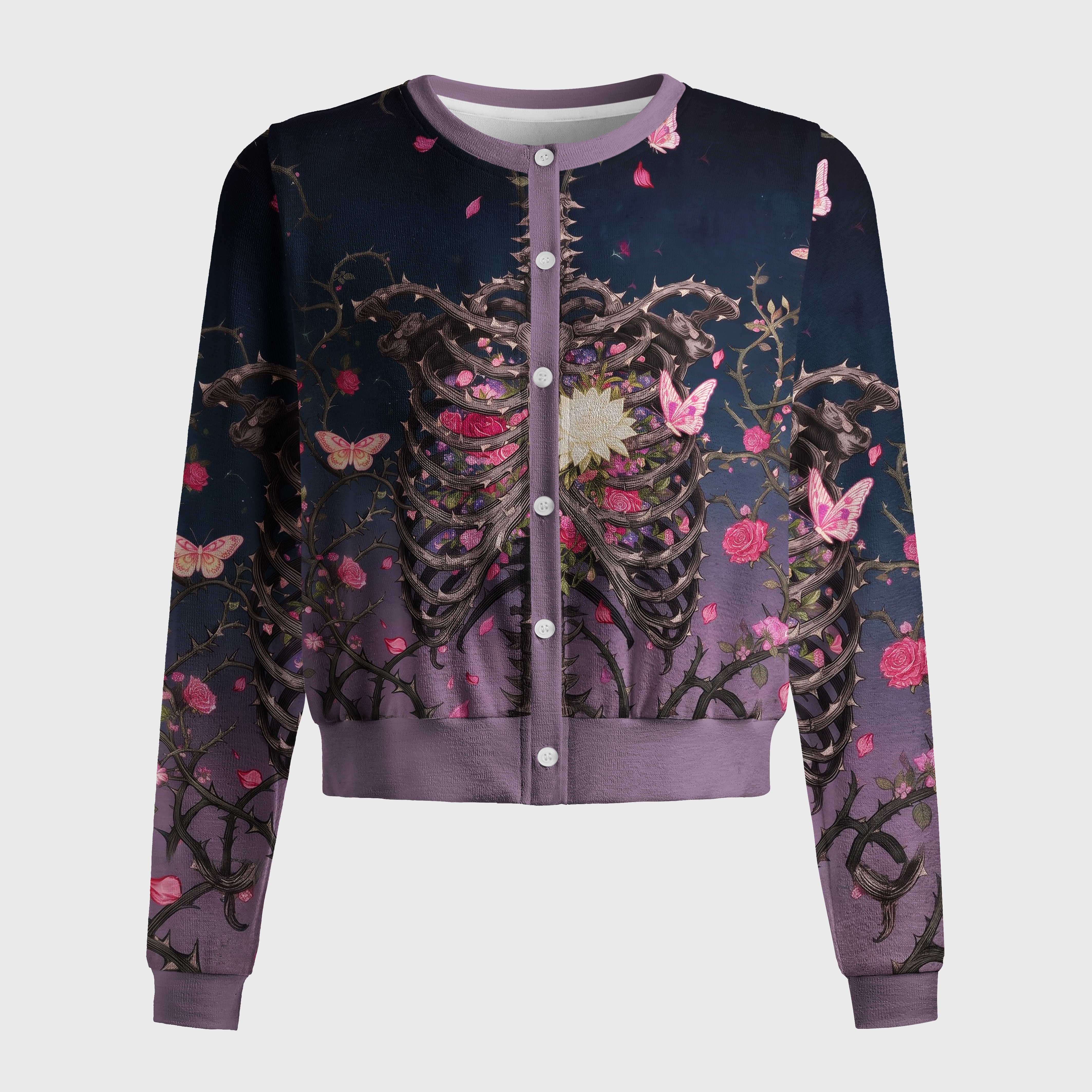 Tokyo-Tiger Skeleton Ribcage Rose Butterfly Women's Lightweight Cardigan