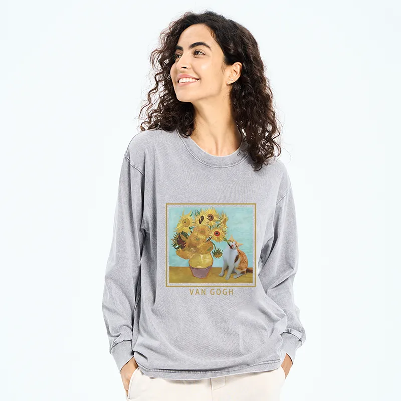 Tokyo-Tiger Naughty Cat Biting Sunflower Washed Long Sleeve T-Shirt