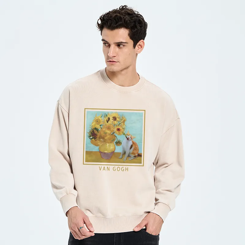 Tokyo-Tiger Naughty Cat Biting Sunflower Washed Sweatshirt
