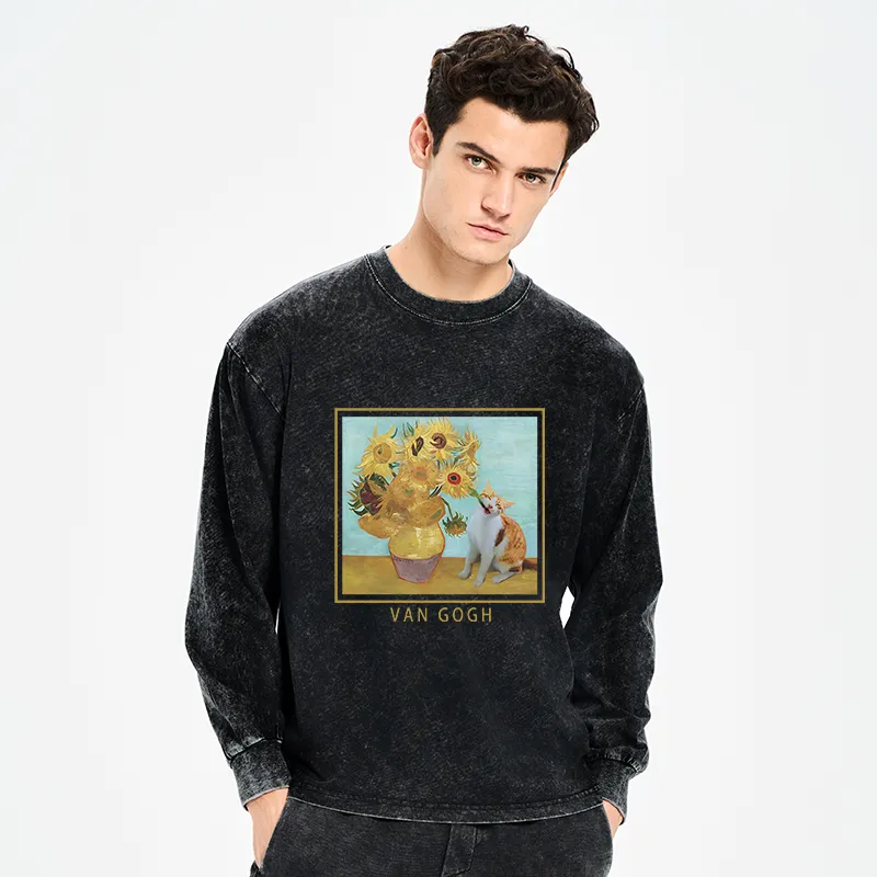 Tokyo-Tiger Naughty Cat Biting Sunflower Washed Long Sleeve T-Shirt