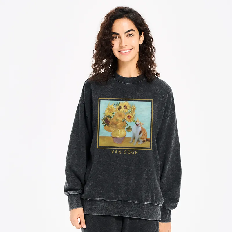 Tokyo-Tiger Naughty Cat Biting Sunflower Washed Sweatshirt